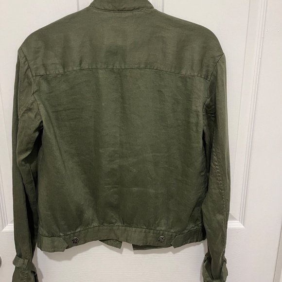 FRAME Army Olive Great Denim Tie Cuff Linen Utilitarian Pocket Jacket XS - Picture 4 of 11